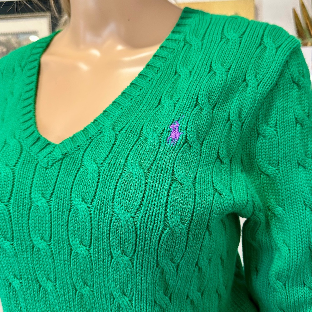 Vintage Ralph Lauren Sport Kelly Green Cable Knit V-Neck Sz L
